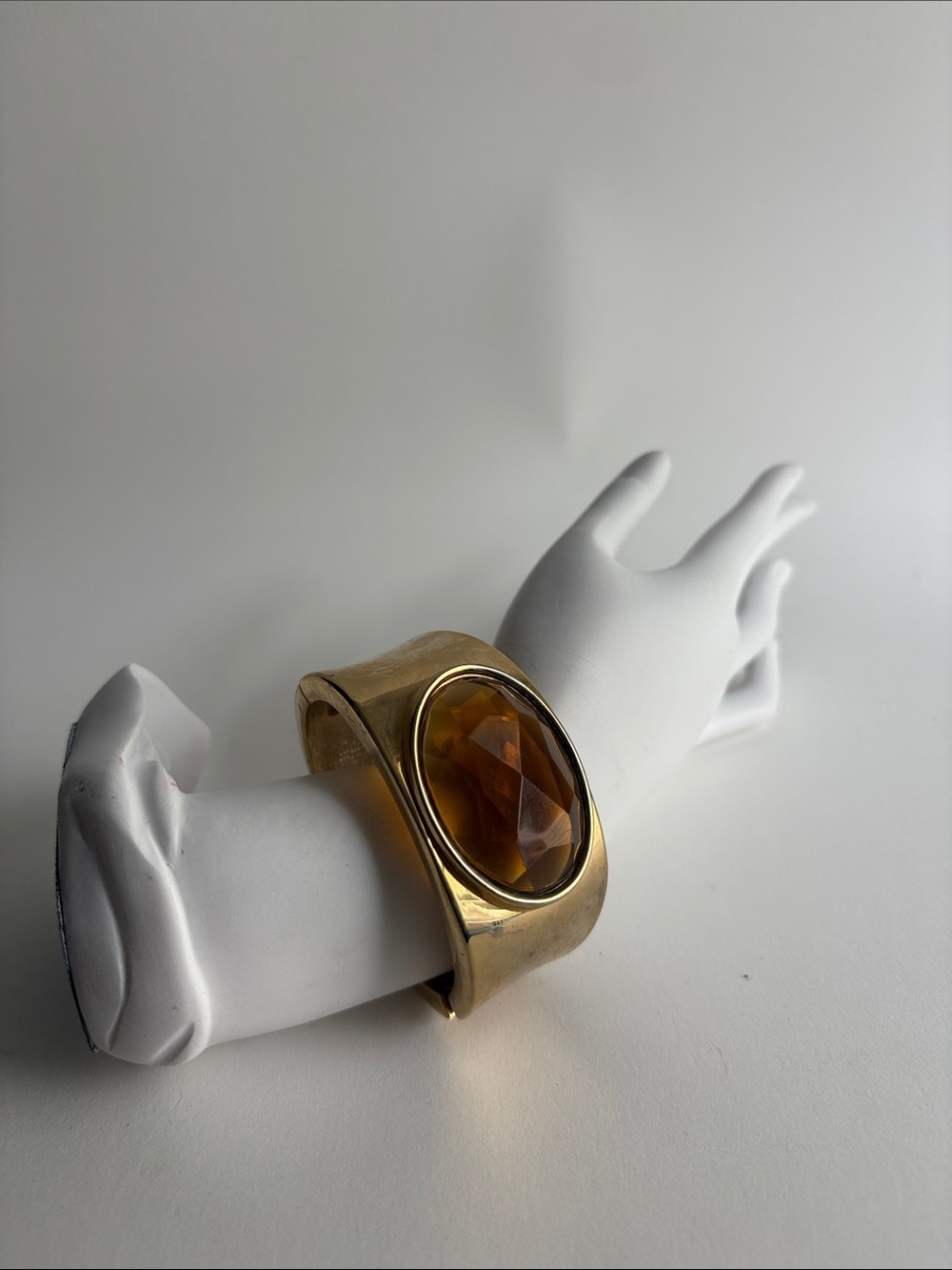 Gold Cuff Bracelet Large Amber Faceted Stone Statement Women